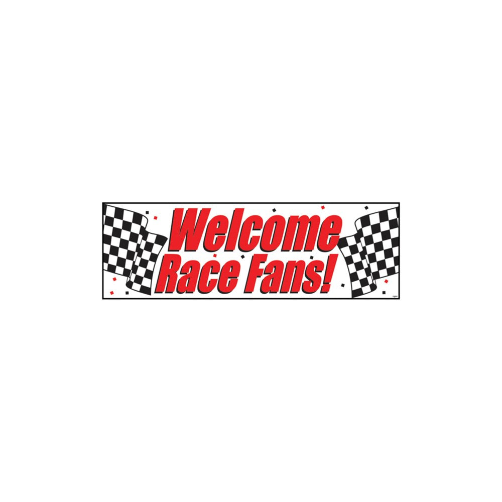White banner with bold red text "Welcome Race Fans!" and black-and-white checkered flags on each side.