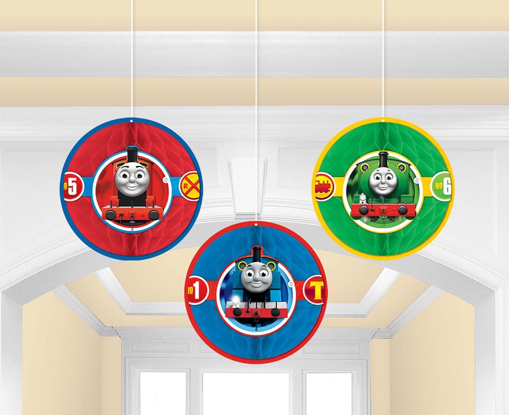 Three round hanging decorations featuring Thomas the Tank Engine in red, green, and blue borders with numbers and playful.