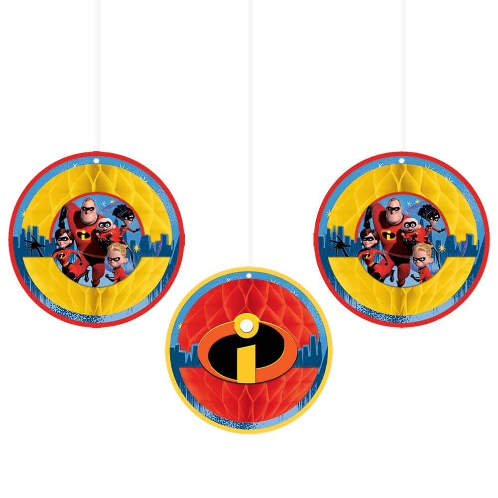 Set of three round paper plates featuring Incredibles 2 characters with red, yellow, and black superhero-themed design.