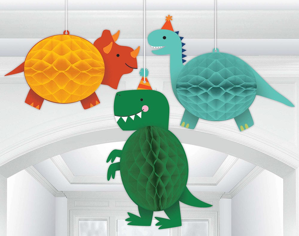 Set of three hanging paper decorations shaped like colorful dinosaurs with honeycomb bodies in orange, teal, and green.