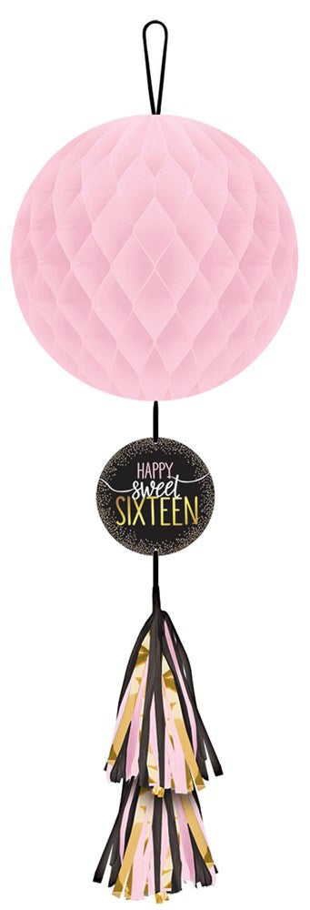 Pink honeycomb paper ball with black "Happy Sweet Sixteen" tag and black, pink, and gold tassels hanging below.