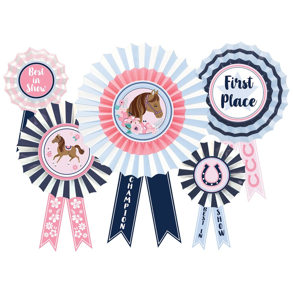 Set of five award ribbons with horse and horseshoe designs in pink, navy, and white colors, featuring texts like Best in.