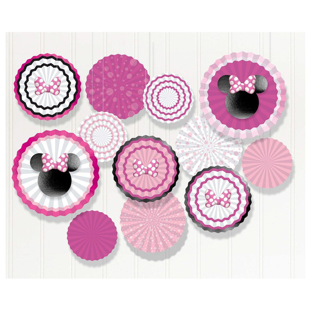 Set of 17 pink, white, and black paper fan decorations featuring Minnie Mouse silhouettes and polka dot patterns.