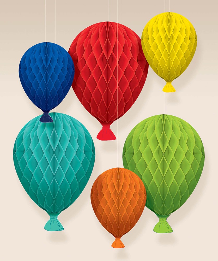 Six colorful balloon-shaped honeycomb paper decorations in blue, red, yellow, teal, orange, and green.