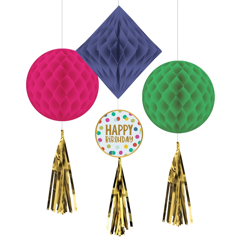 Pink round, blue diamond, and green round honeycomb paper decorations with gold tassels and a "Happy Birthday" polka dot.