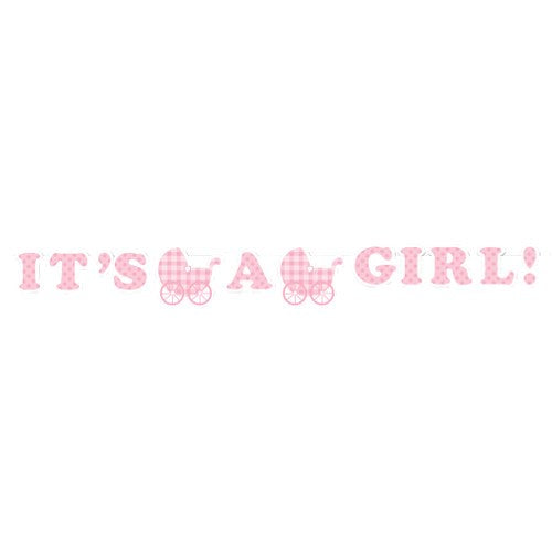 Pink gingham patterned ribbon banner spelling "It's a Girl!" with stroller icons between words.