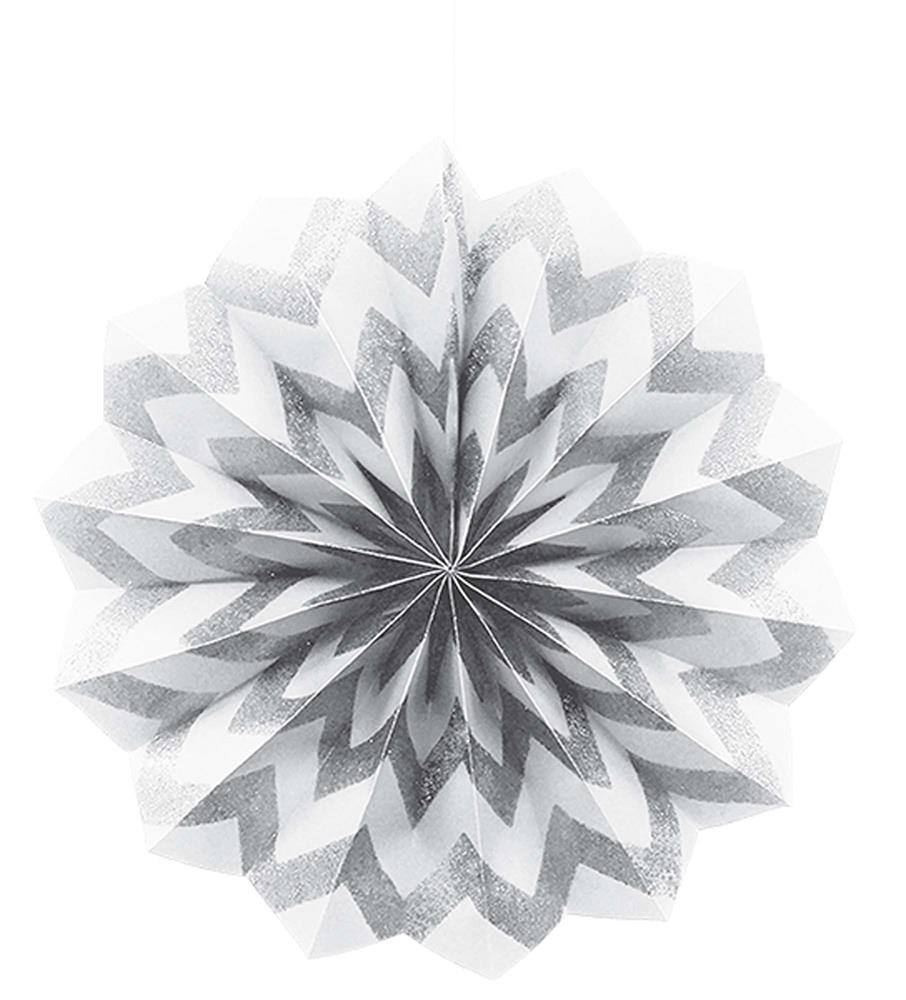 White paper fan decoration with silver glitter chevron pattern, round folded design.