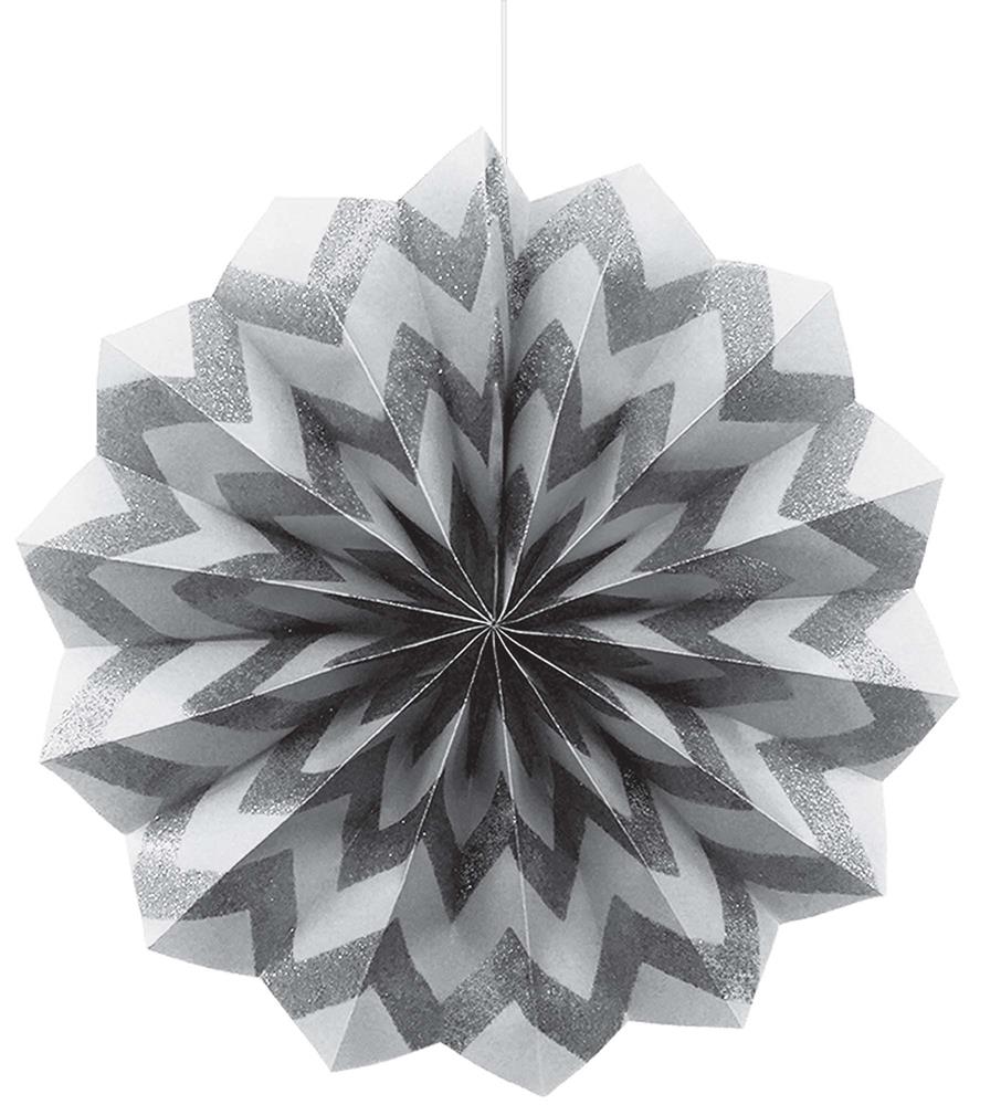 Silver paper fan with glitter chevron pattern, folded and fanned into a circular shape.