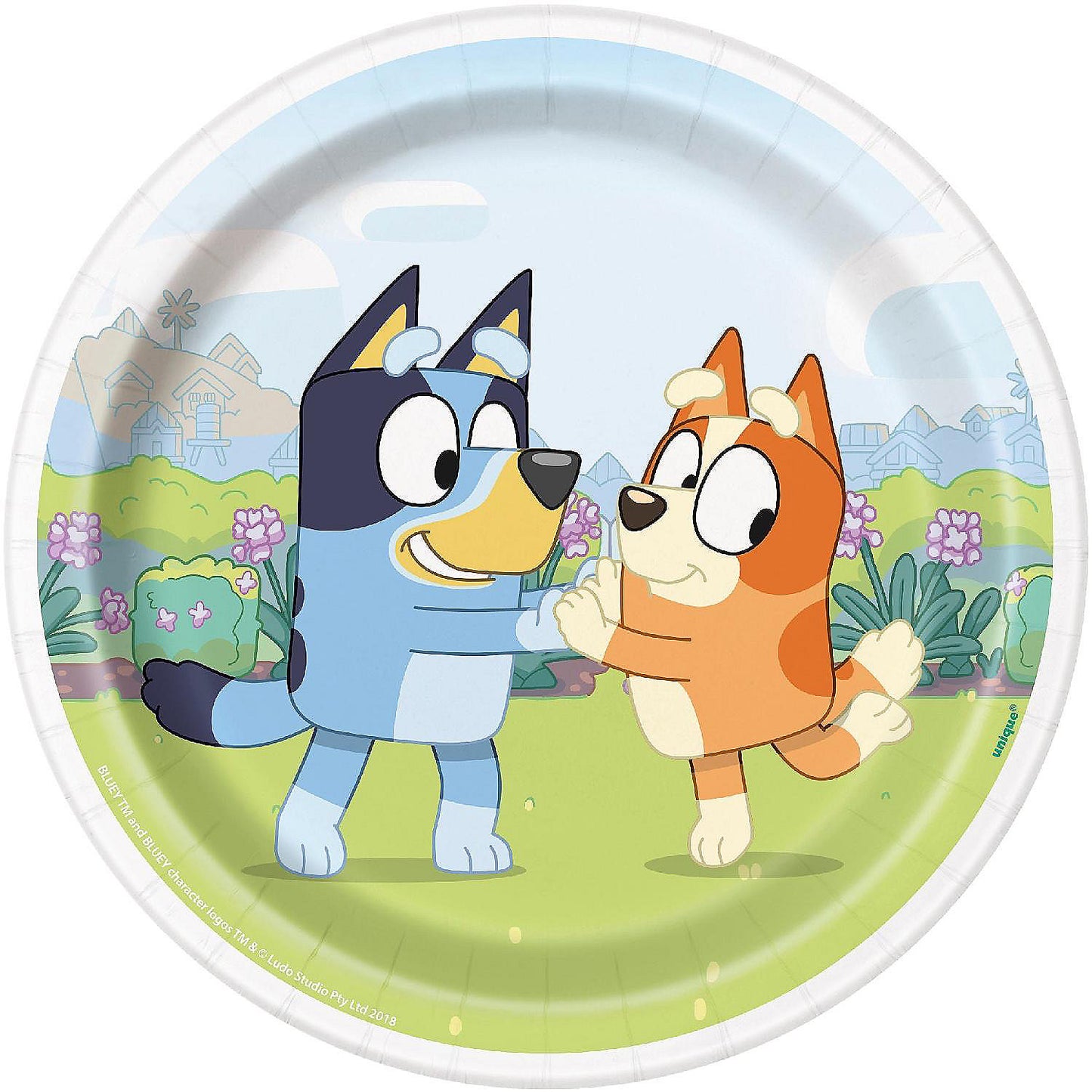 Round 7-inch disposable plate with colorful Bluey and Bingo characters on grassy background.