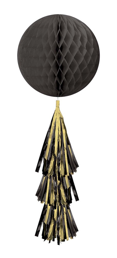 Black honeycomb tissue ball with layered black and gold tassel tail hanging down.