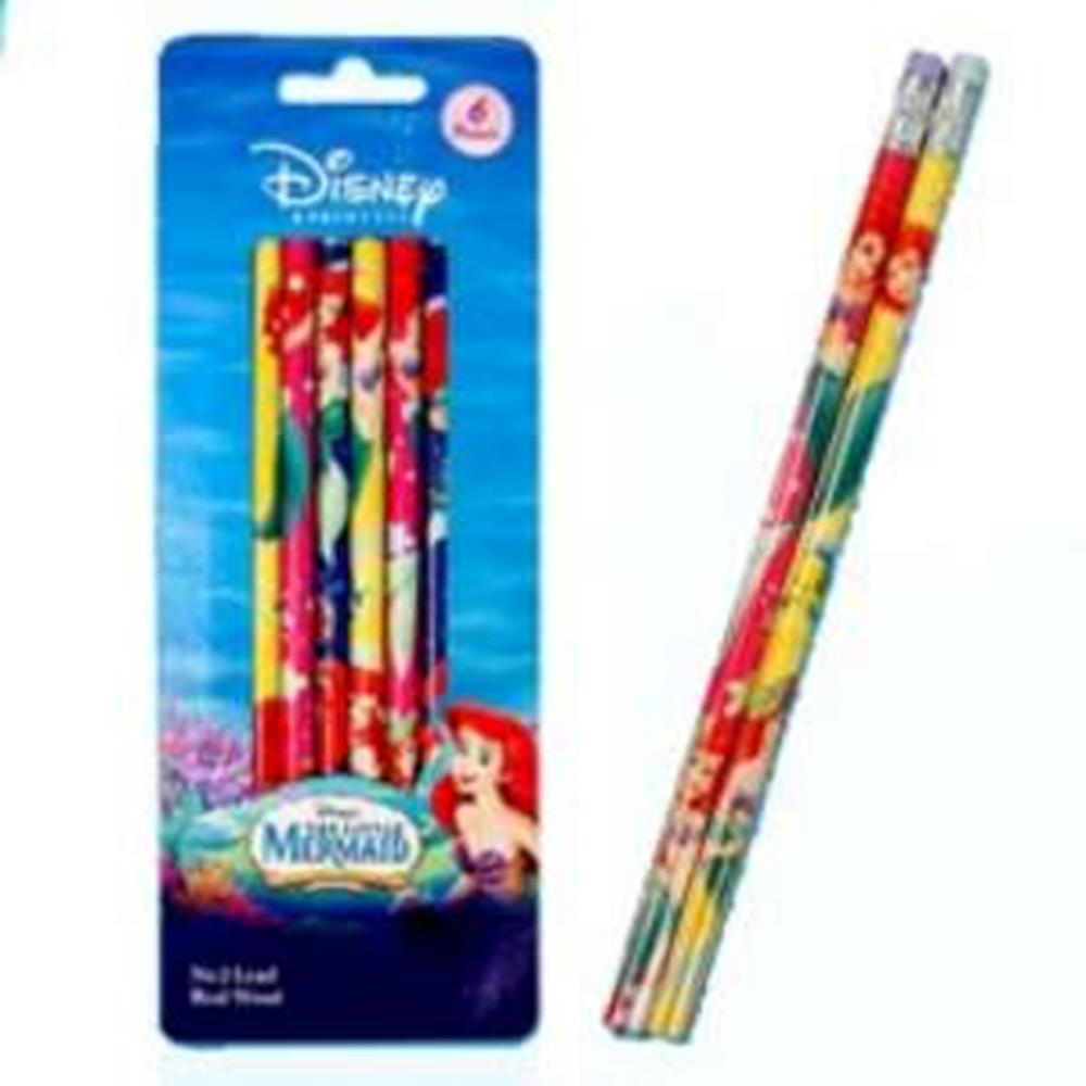 Set of six colorful wooden pencils featuring Disney's The Little Mermaid characters and underwater designs.