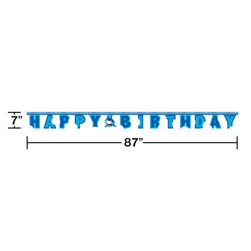 Blue "Happy Birthday" banner with shark fin and splash accents, 87 inches long and 7 inches tall.
