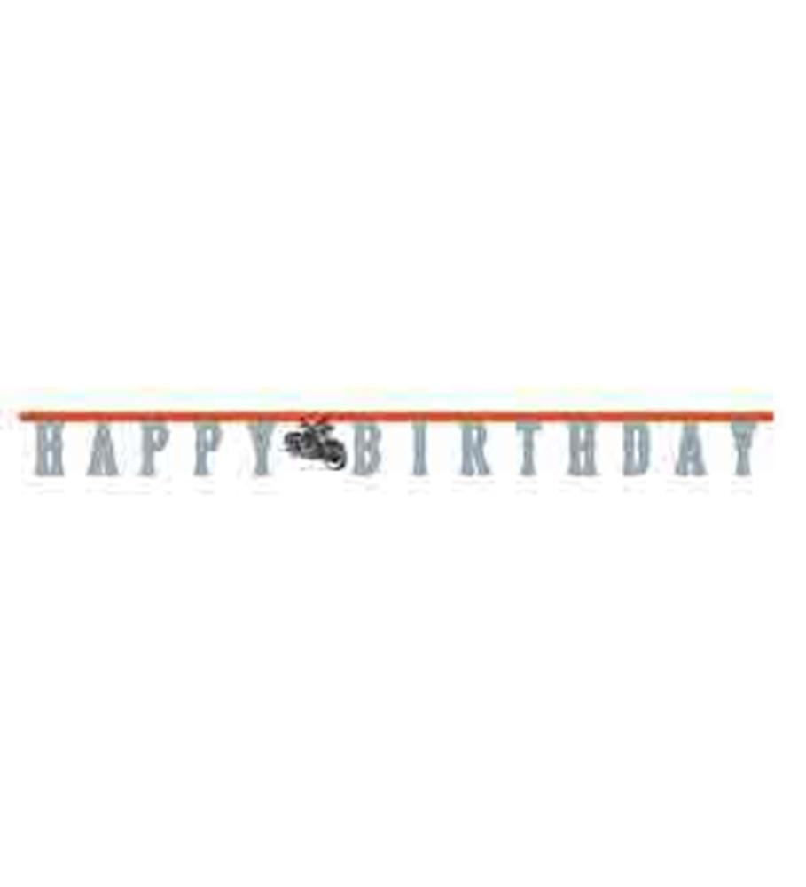 Gray letter banner spelling "Happy Birthday" with a black bicycle illustration between the words on an orange string.
