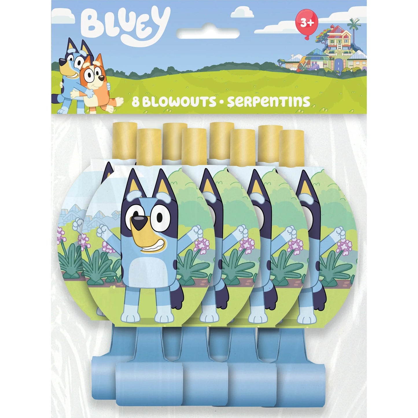 Bluey-themed party blowouts with blue plastic mouthpieces and paper featuring Bluey character in light blue outfit on green.