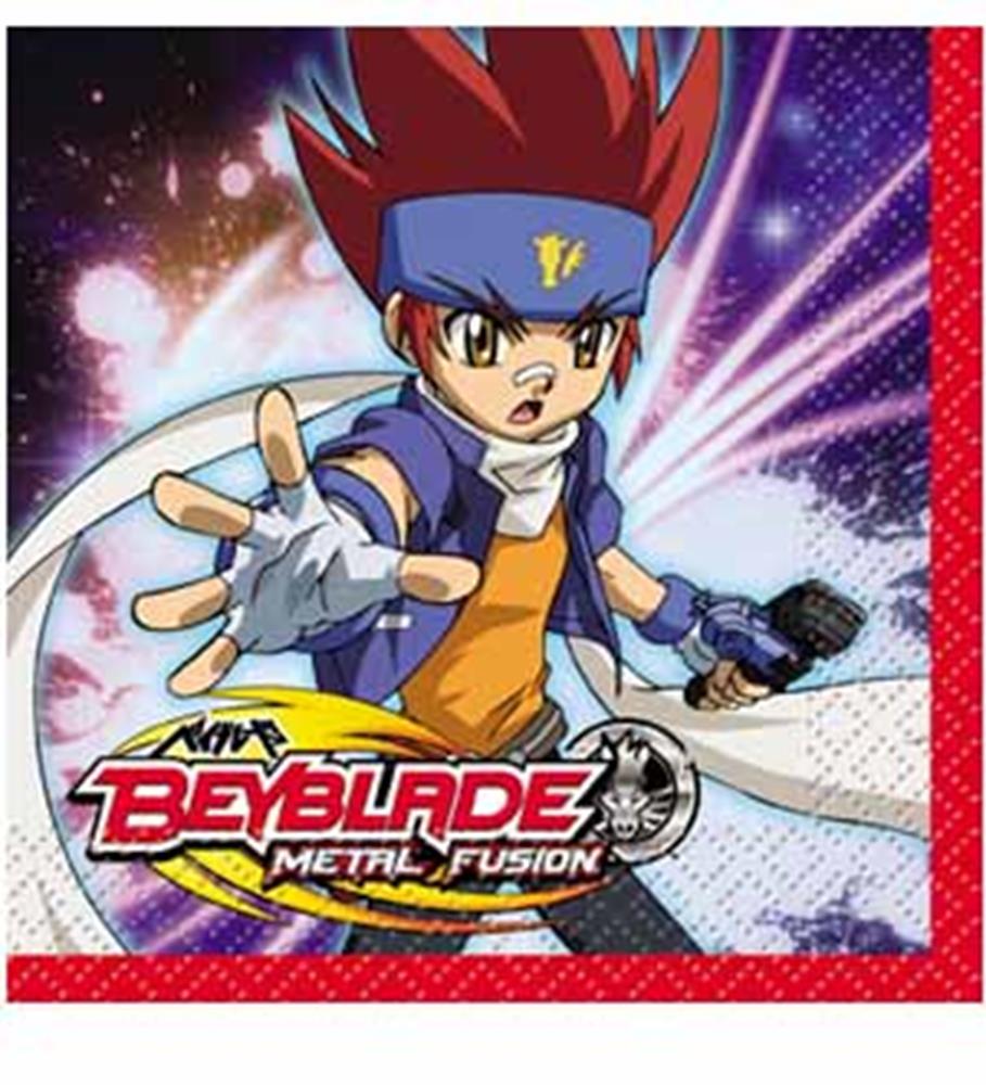 Square red napkin featuring Beyblade character with spiky red hair and blue headband on a cosmic background.