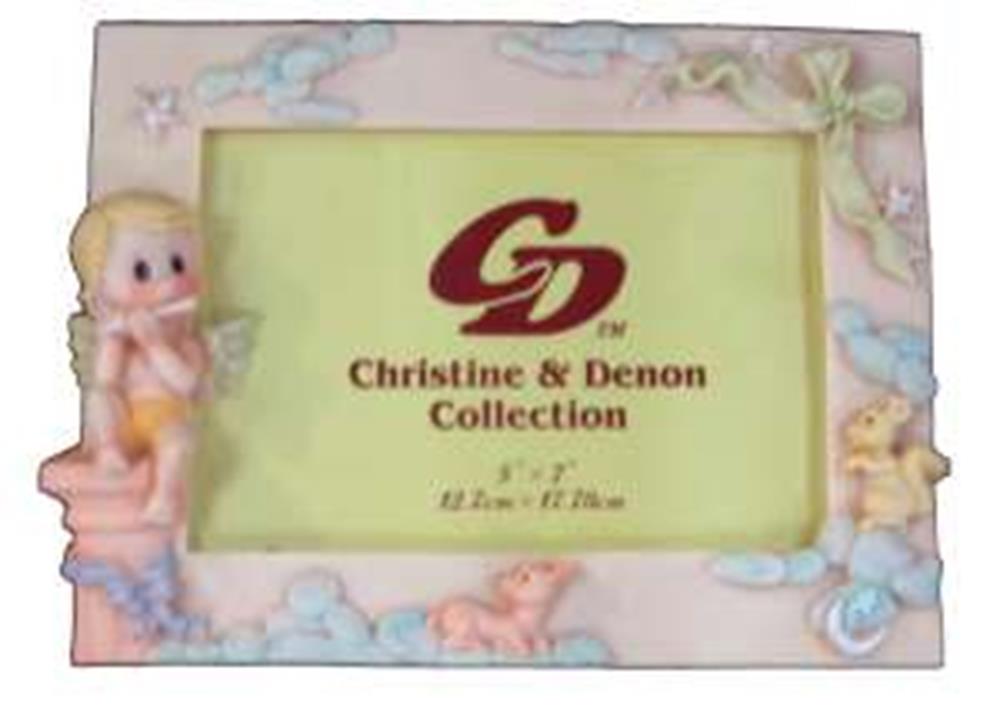 Rectangular polystone photo frame with pastel pink, blue, and yellow baby-themed decorations including a baby figure,.