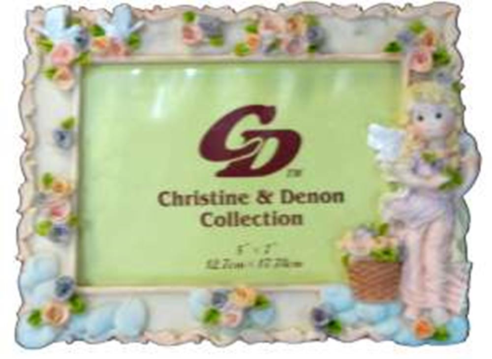Rectangular white polystone photo frame with pastel flower accents and a lamb figurine holding a basket on the right side.