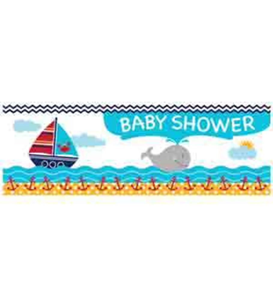 Colorful baby shower banner with pirate ship, whale, and "Baby Shower" text on waves background.