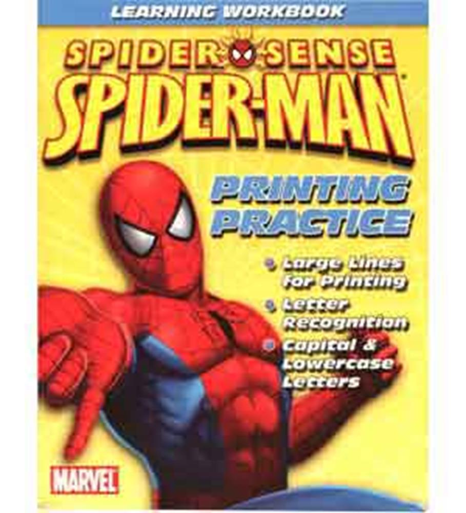Spider-Man printing practice workbook with bright yellow cover and Spider-Man illustration.
