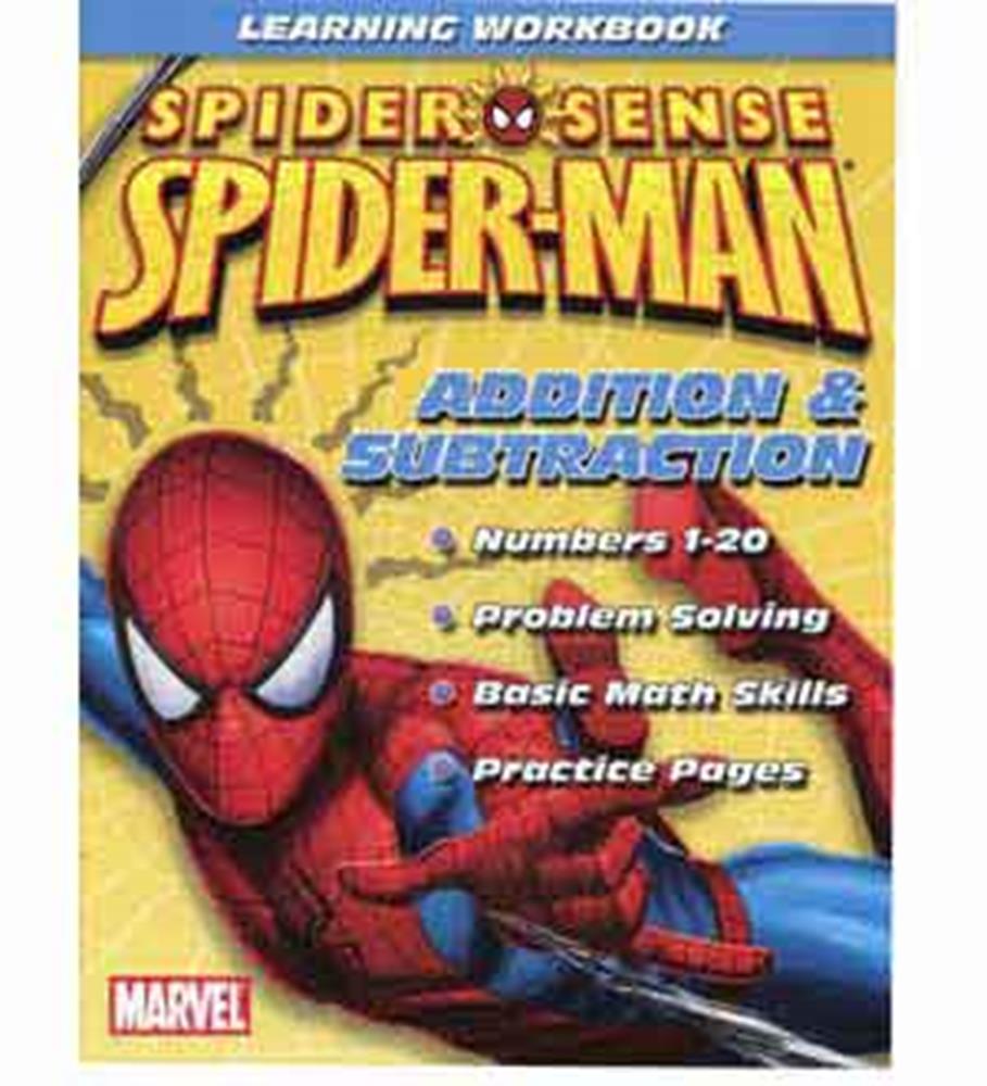 Spiderman-themed workbook cover featuring Spiderman in red and blue suit with text on addition and subtraction skills,.