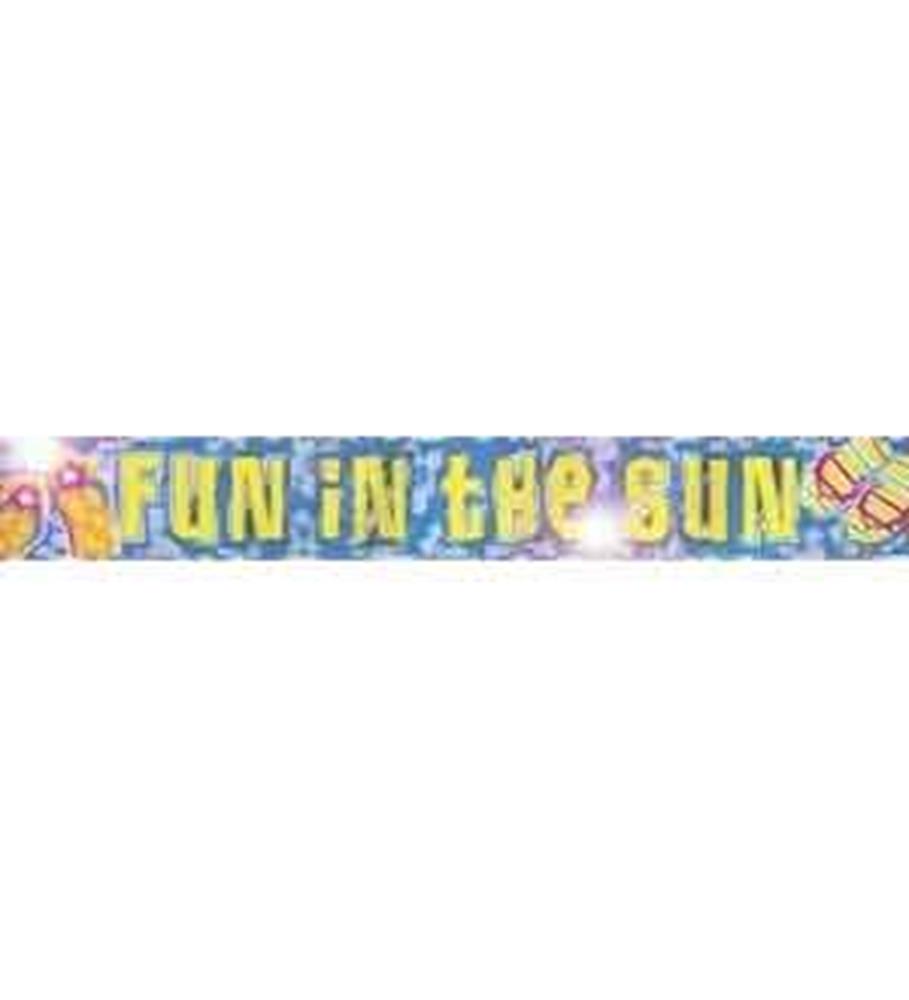 Colorful foil banner with tropical floral background and yellow text reading "FUN IN THE SUN".