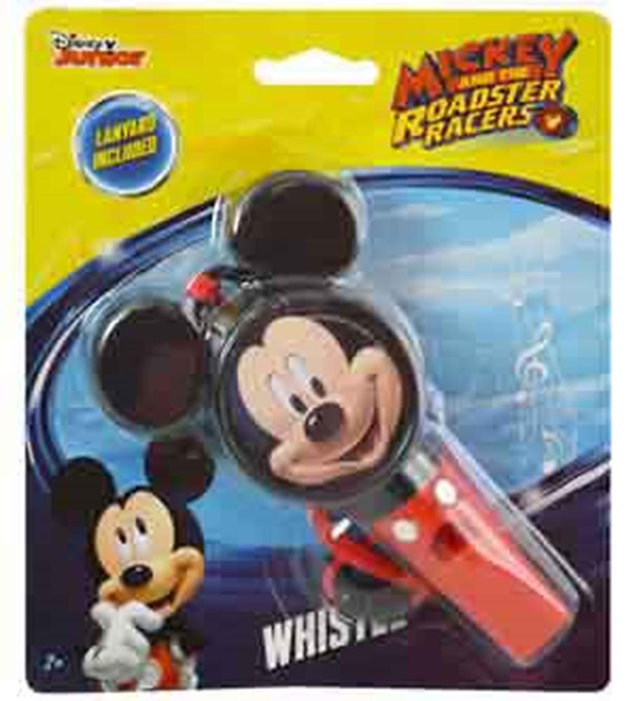 Red plastic whistle shaped like Mickey Mouse’s head with black ears and a smiling face design.
