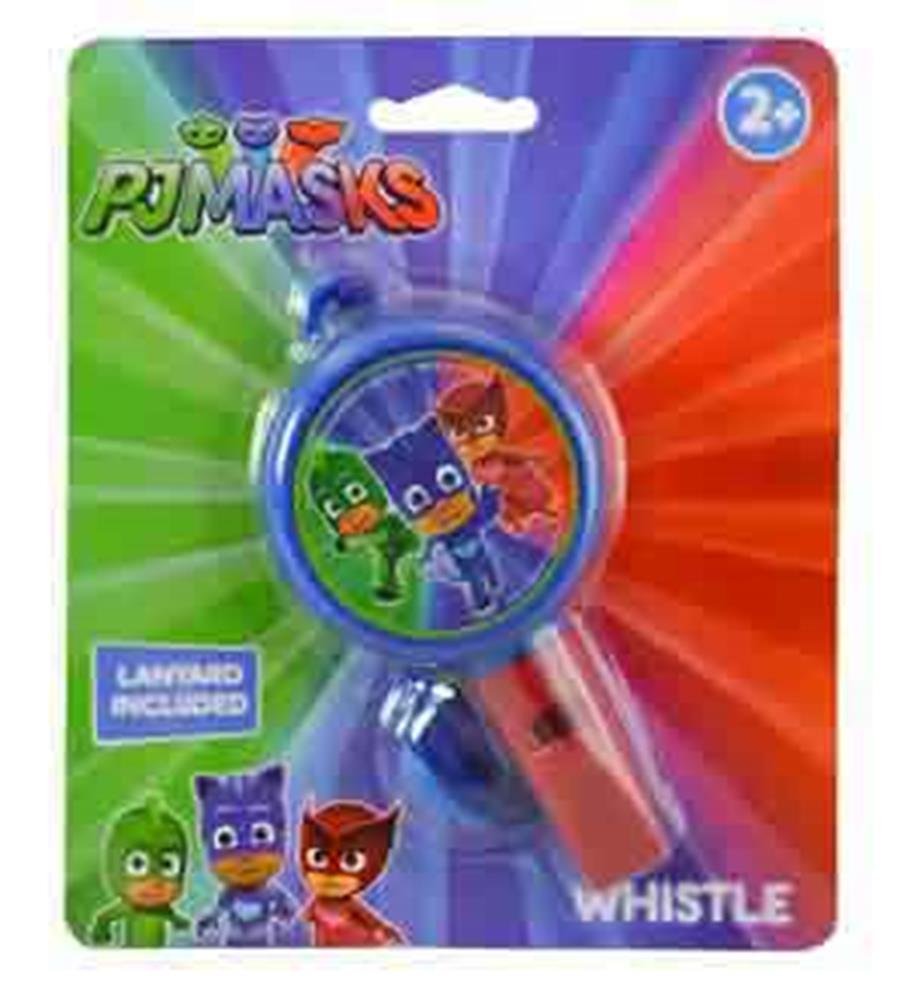 Round plastic whistle with red body and PJ Masks superhero characters on blue top, packaged with lanyard included.