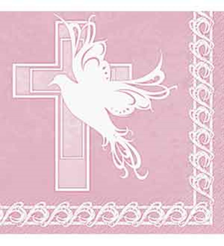 Pink paper napkin with white dove and cross design, decorative white lace border.
