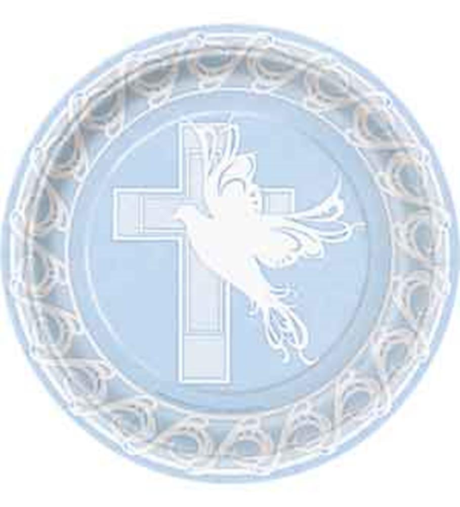 Light blue round paper plate with white cross and dove design, decorative lace-like border.