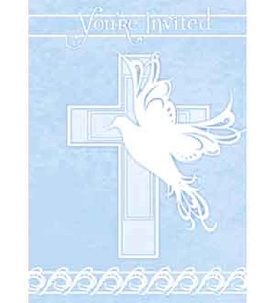 Light blue invitation card with a white dove overlaying a cross and decorative white text and border accents.