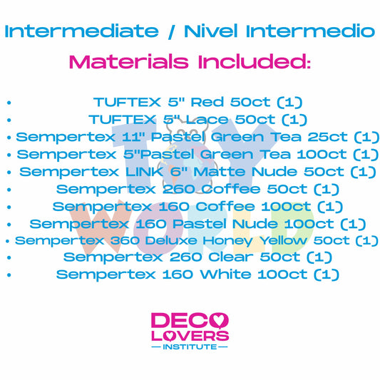 White card with colorful text listing materials included in an intermediate-level project kit from Deco Lovers Institute.