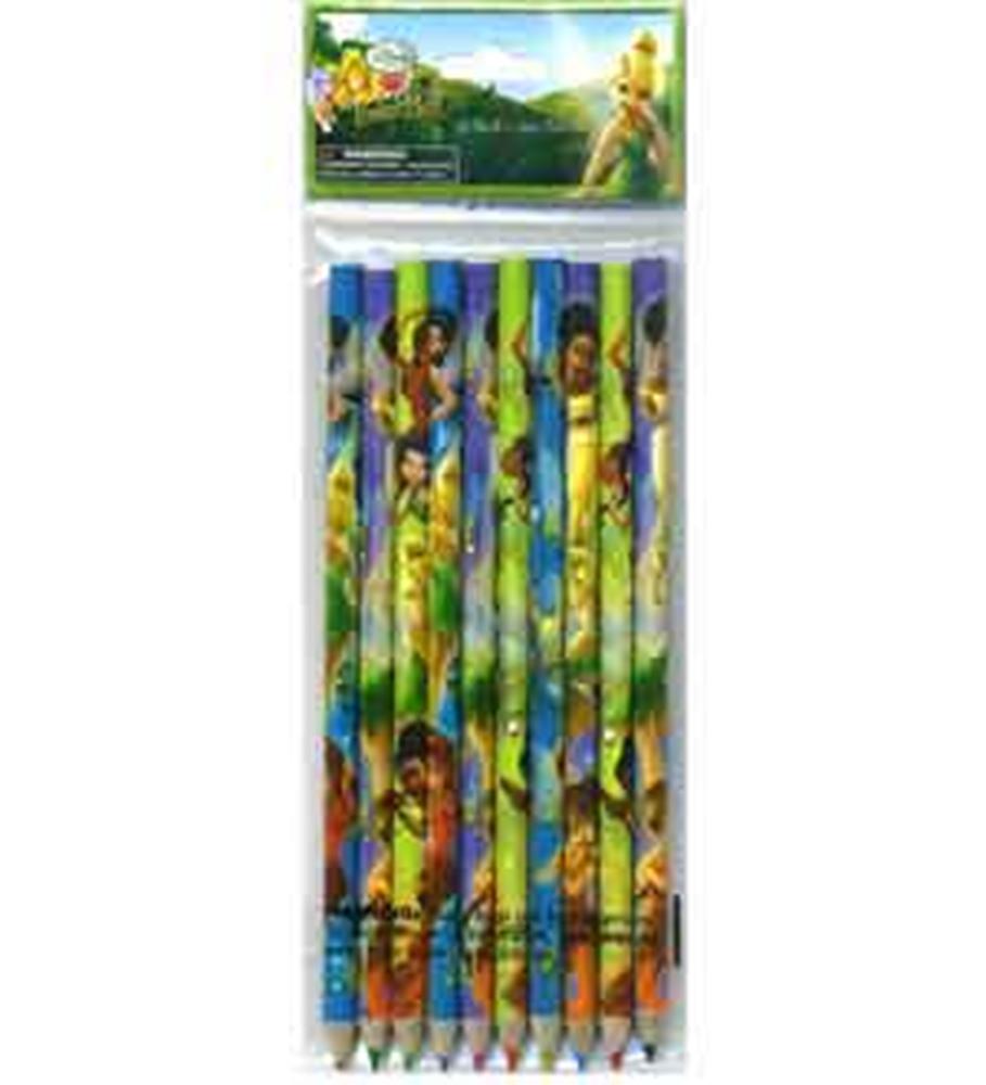 Set of 10 color pencils with Tinkerbell and Disney fairies printed on blue barrels, packaged in clear plastic.