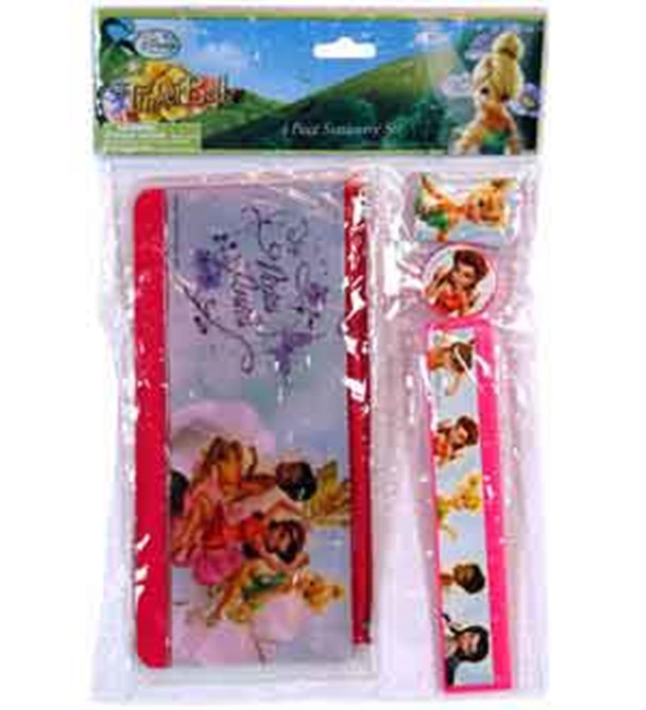 Tinkerbell stationery set with pink folder, red-trimmed PVC bag, matching ruler, and stickers featuring fairies.