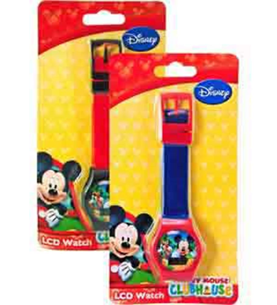 Red and blue kids' Mickey Mouse LCD watches with colorful character designs on the watch face in Disney-themed packaging.