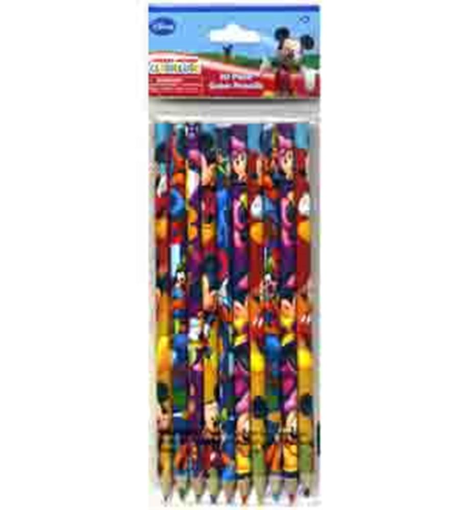 Set of 10 colorful wooden pencils featuring Mickey and Minnie Mouse with vibrant Disney-themed graphics.