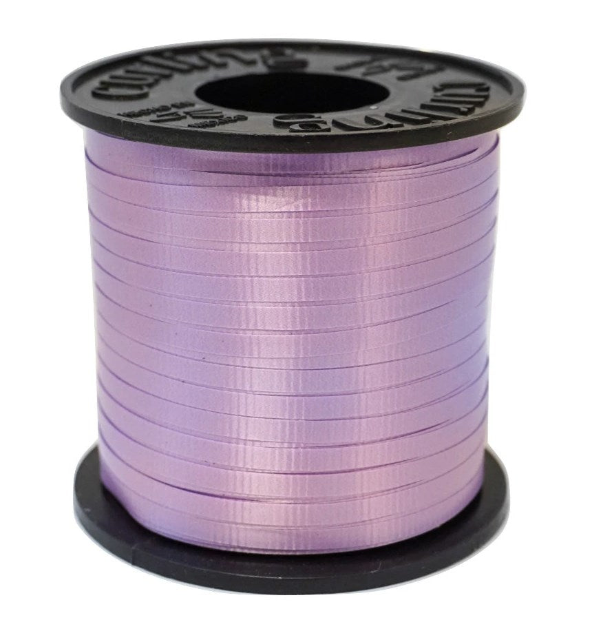 Spool of smooth, shiny lavender curling ribbon wound on black plastic core.