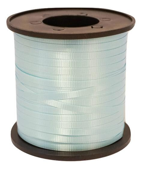 Light blue glossy curling ribbon on a dark brown plastic spool.