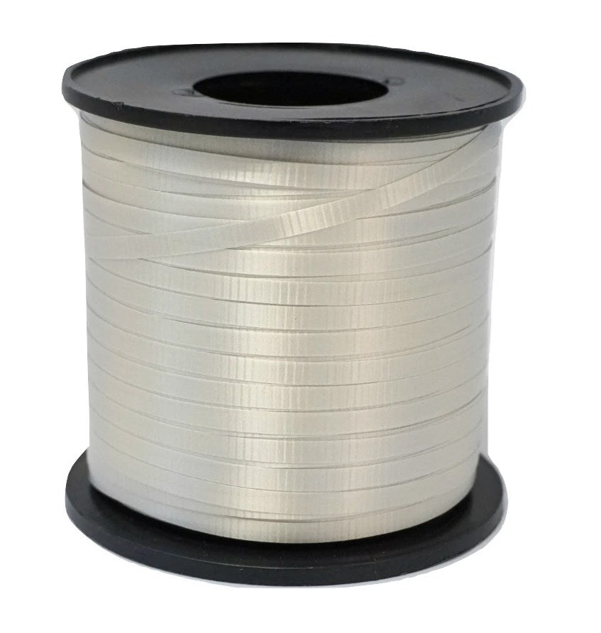 Silver satin ribbon spool, thin and tightly wound on black plastic core.
