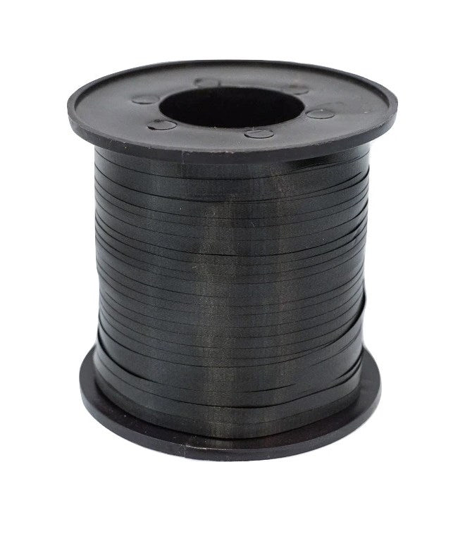 Spool of narrow midnight black curling ribbon tightly wound on black plastic core.