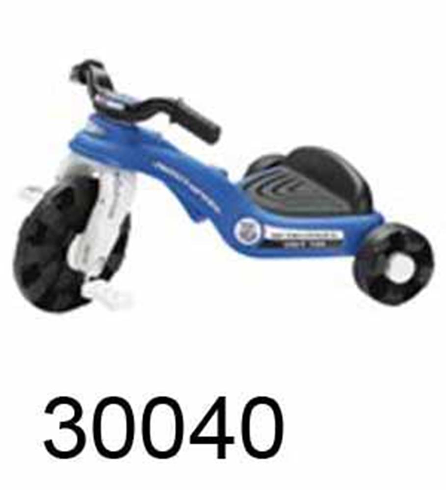 Blue and black plastic police-themed tricycle with three large wheels and a curved frame.