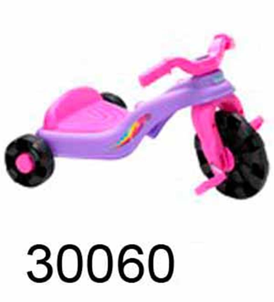 Pink and purple toddler tricycle with three black wheels and colorful decal on side.