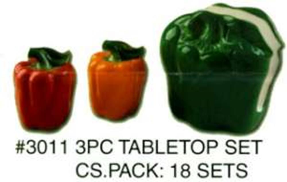 Three-piece tabletop set shaped like bell peppers in red, orange, and green with glossy finish.