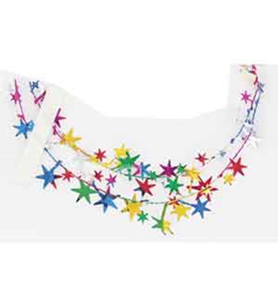 Colorful star-shaped string lights with red, blue, green, yellow, and purple plastic stars on wire strands.