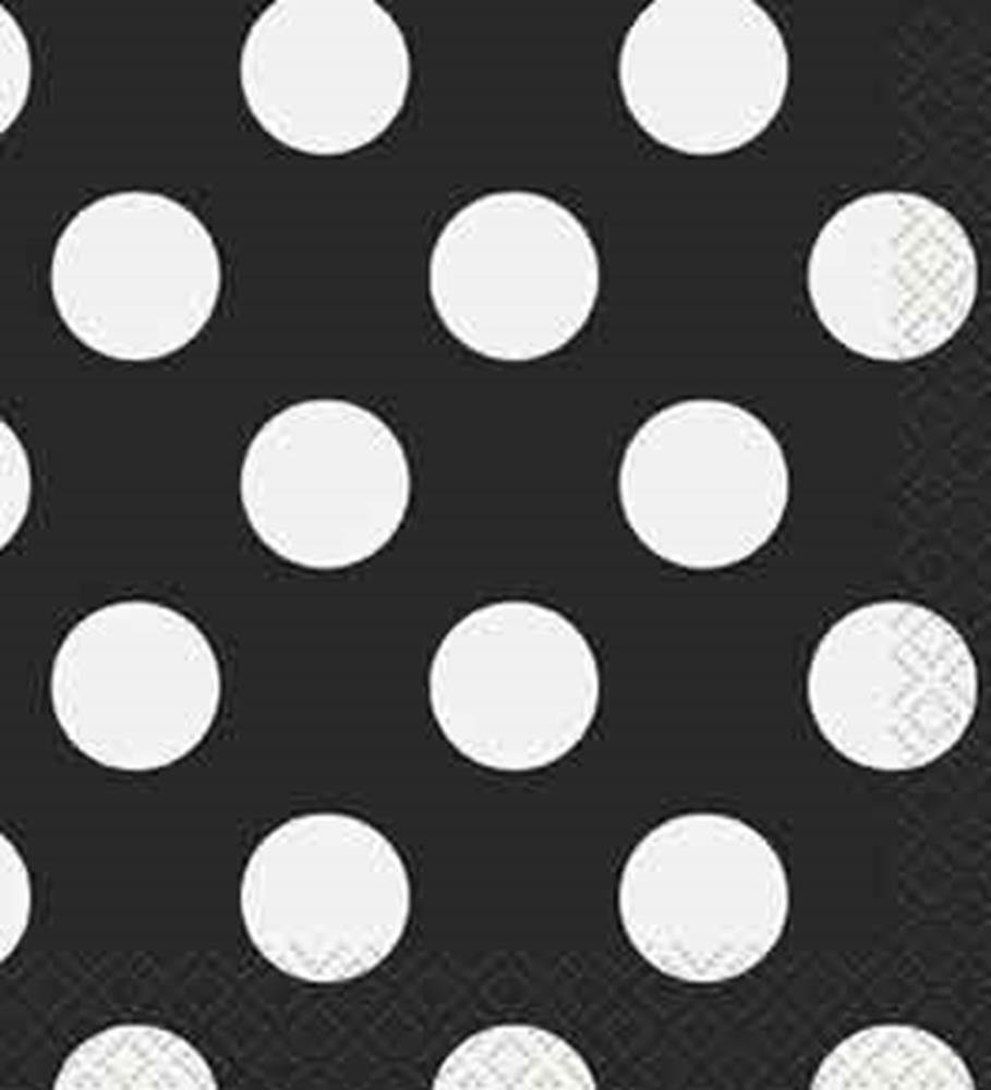 Black napkin with evenly spaced large white polka dots.