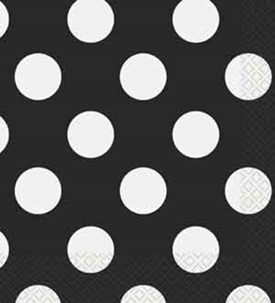 Black napkin with large white polka dots and textured pattern on edges.