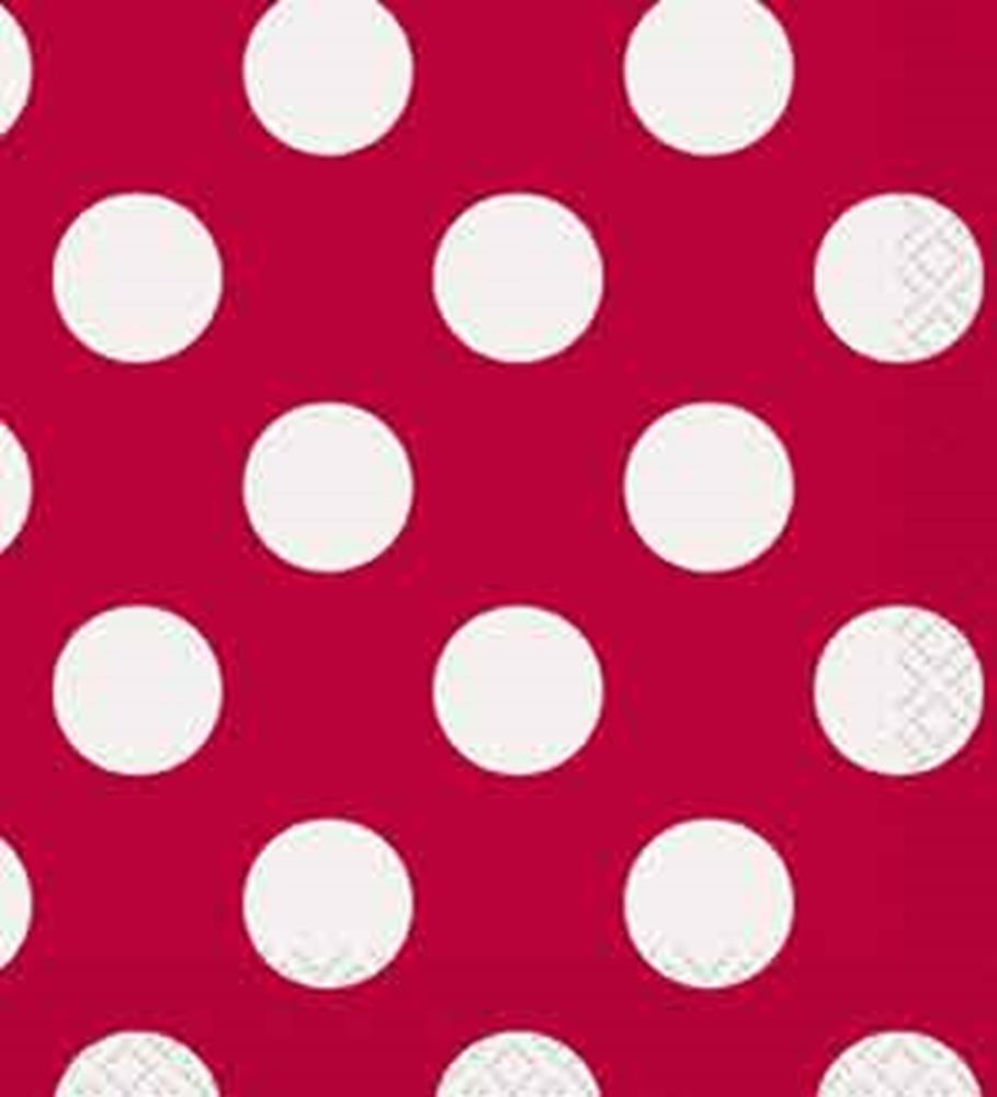 Ruby red paper napkins with large white polka dots, square shape, textured edges.