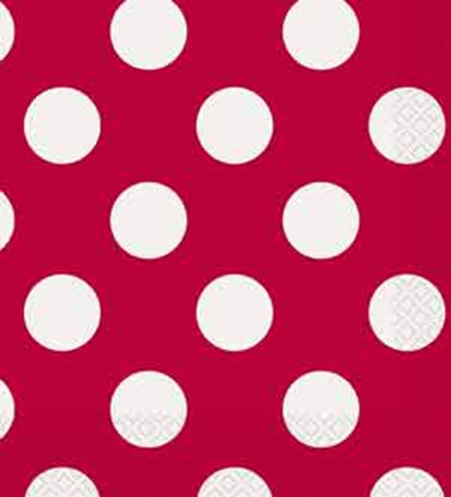 Ruby red napkin with large white polka dots and subtle textured pattern on edges.