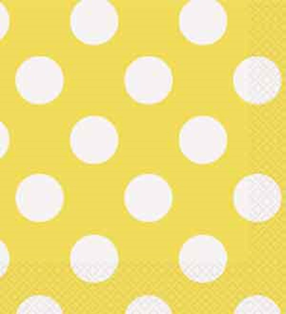 Yellow napkin with large white polka dots and textured edge, paper material.