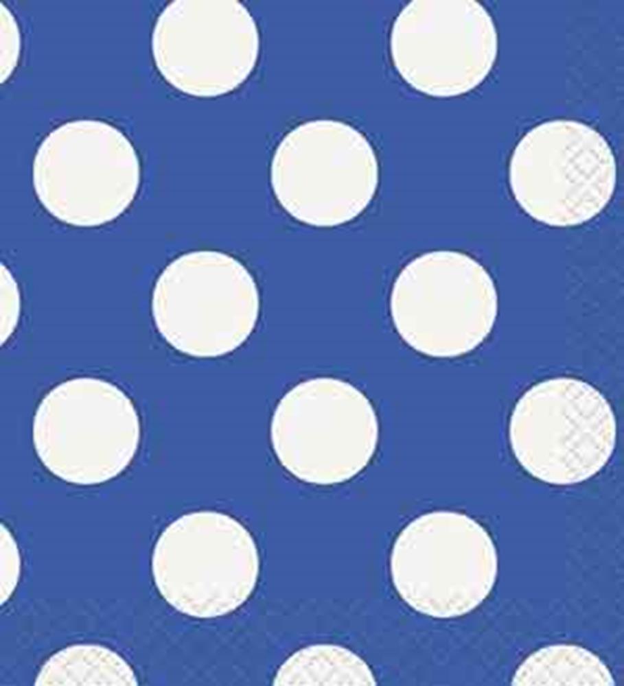 Royal blue napkin with evenly spaced large white polka dots, square fold.