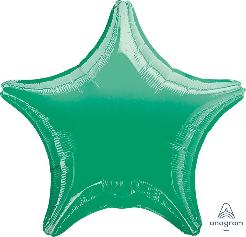 Shiny metallic green star-shaped foil balloon with five points, 19 inches wide.